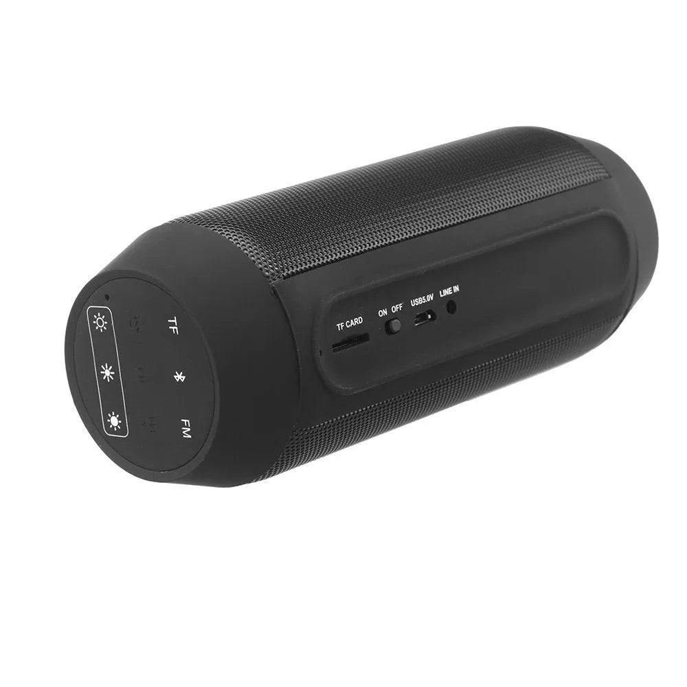 Mini black Bluetooth stereo with colourful LED lights showing 360° sound projection