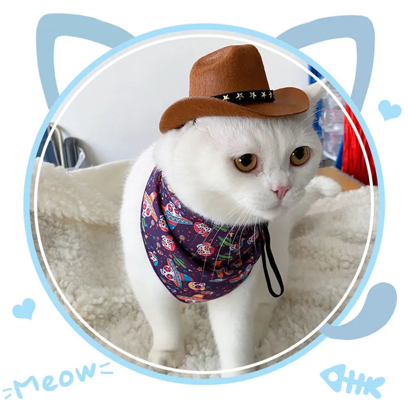 British style cowboy hat for cats in non-woven fabric with decorative ribbon trim