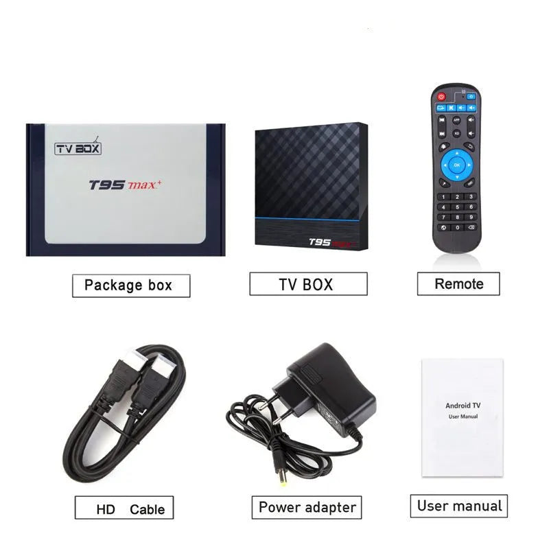 Black T95 Max Plus Android TV box with remote control on a table.