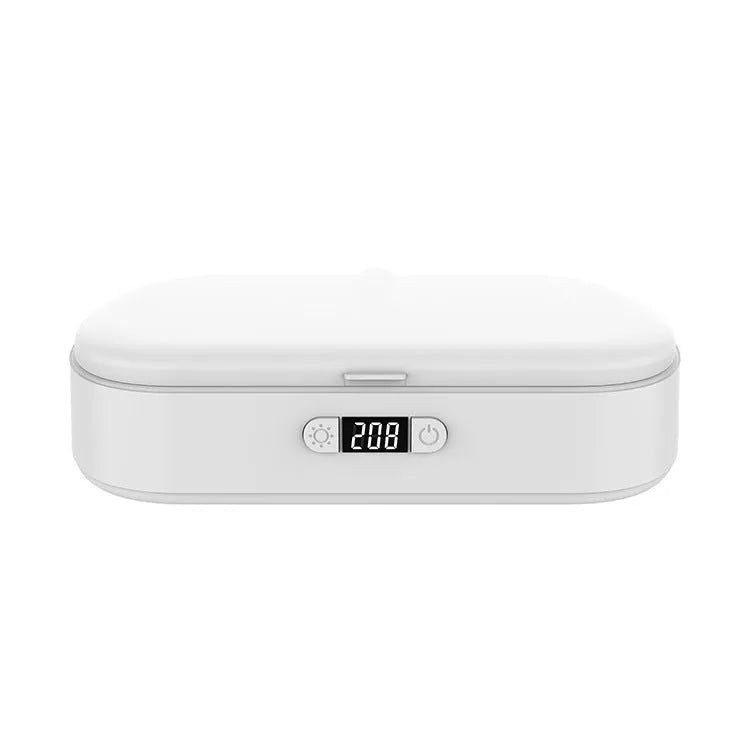 White ABS plastic wireless UV steriliser box for mobile phones and jewellery disinfection.