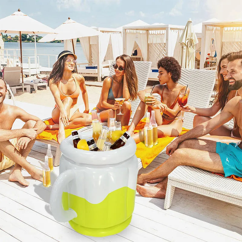 Yellow inflatable PVC ice bucket for beer steins at outdoor parties and events