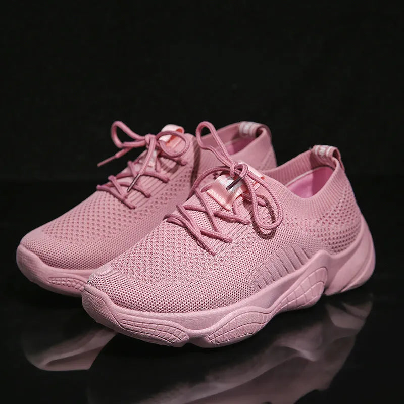 Women's white thick-soled sports shoes with woven upper and front strap closure