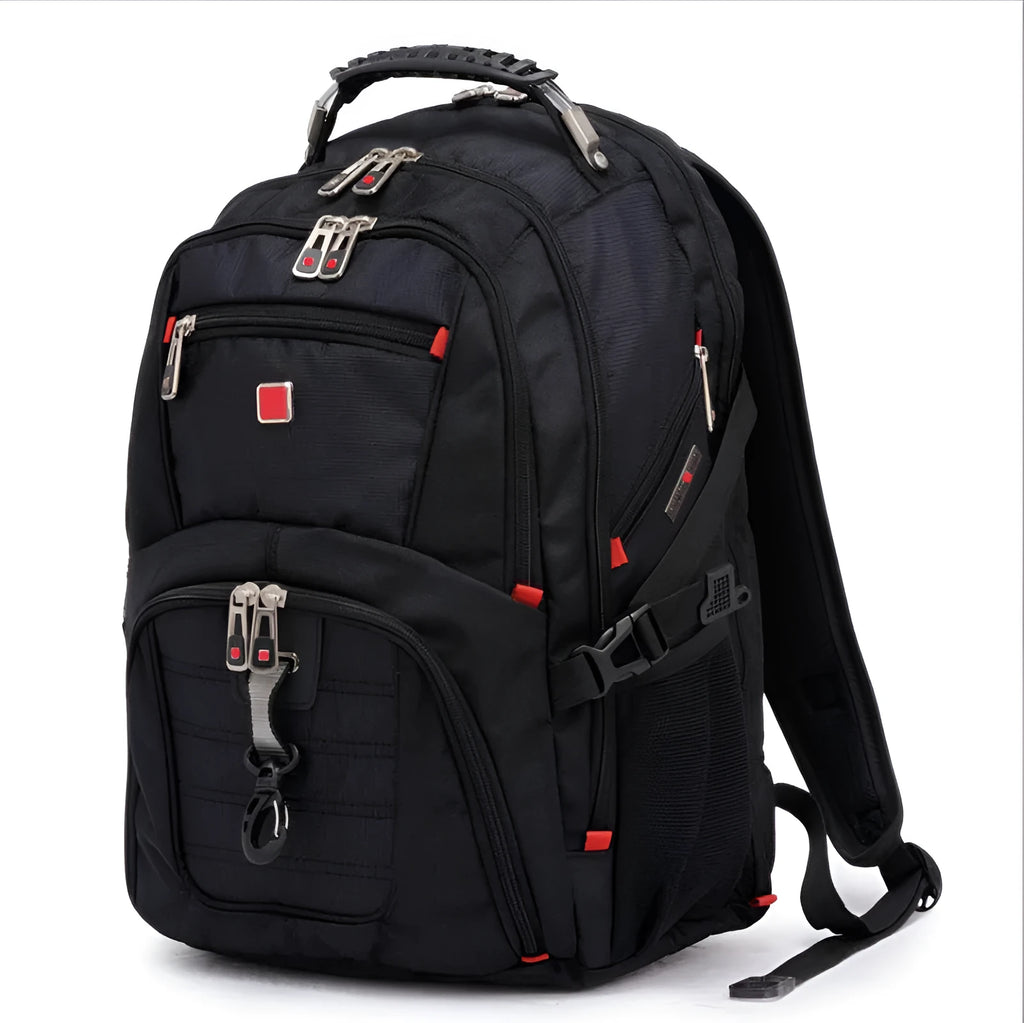 Black business computer backpack showing three compartments and internal organisers for 12-15 inch laptops