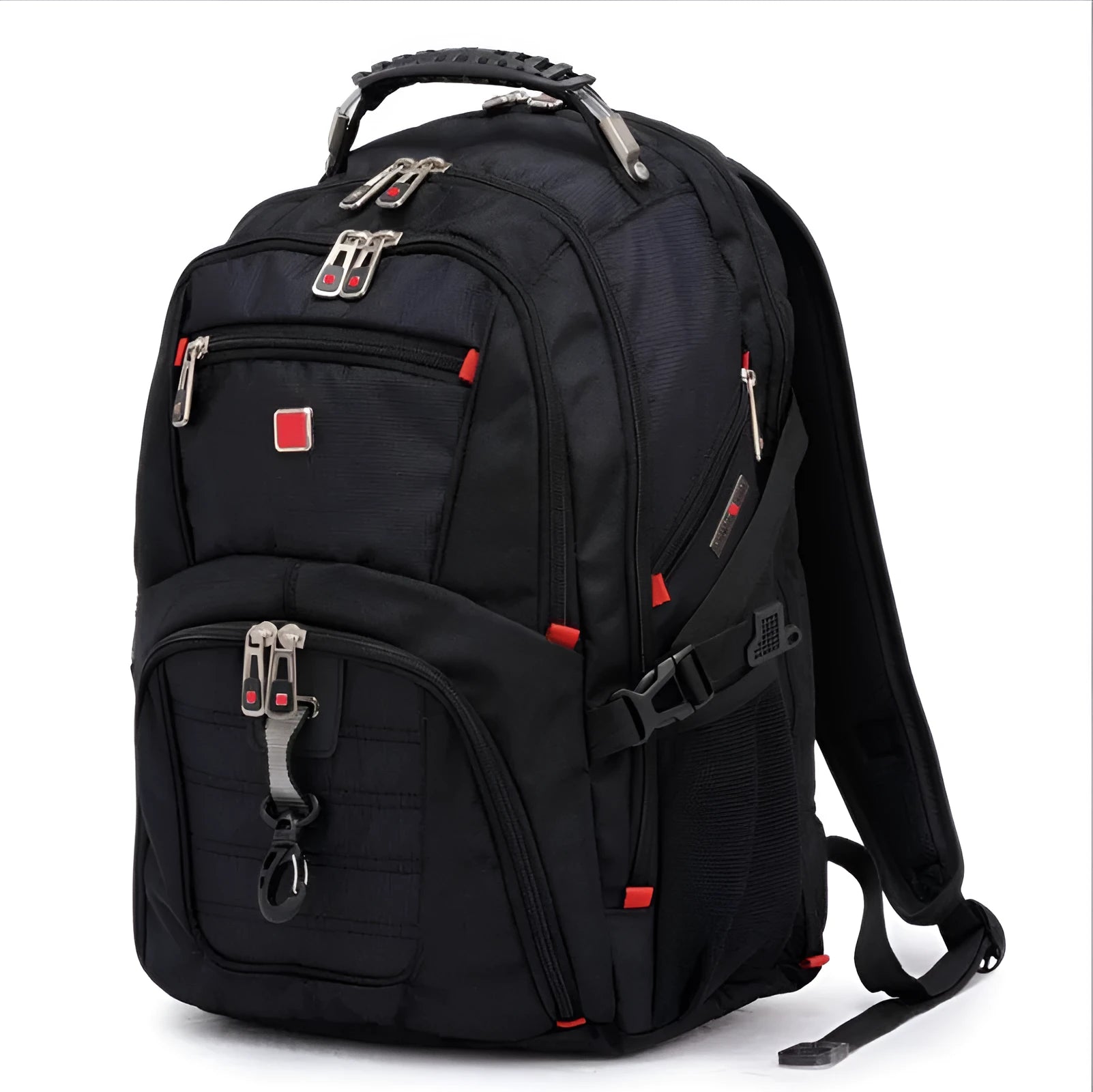 Black business computer backpack showing three compartments and internal organisers for 12-15 inch laptops