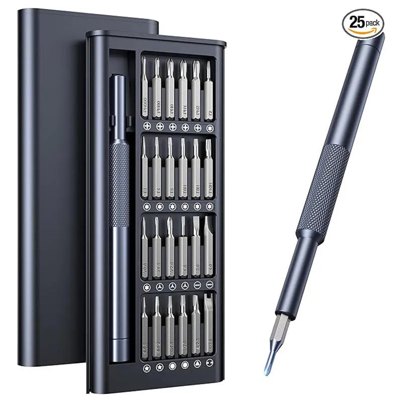 25-in-one magnetic precision screwdriver set with knurled ABS handle and chrome vanadium steel bits.