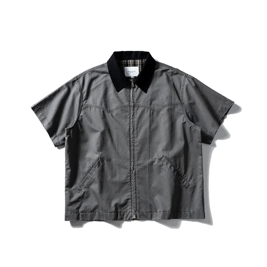 Khaki and grey washed cotton short-sleeved overalls shirt with a loose cardigan fit.
