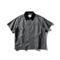 Khaki and grey washed cotton short-sleeved overalls shirt with a loose cardigan fit.
