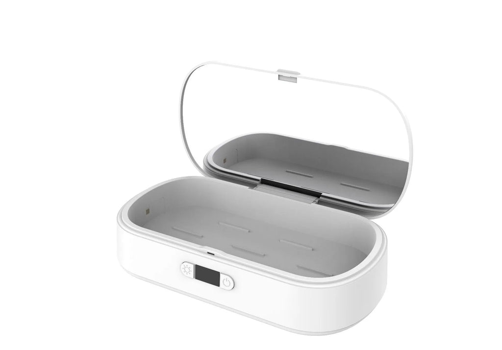 White ABS plastic wireless UV steriliser box for mobile phones and jewellery disinfection.