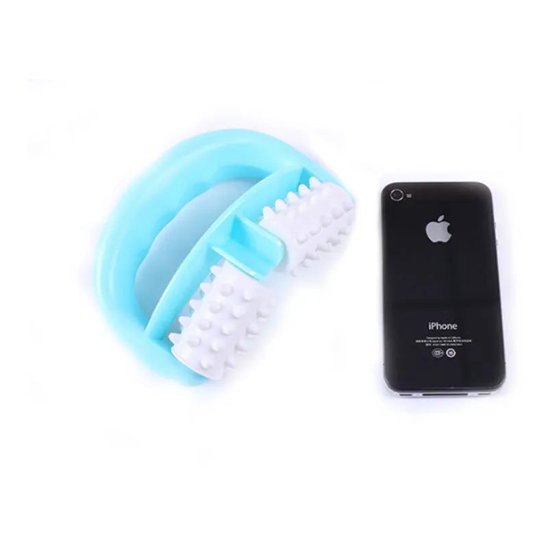 Handheld anti-cellulite massager roller with TPE dot wheels in blue colour on white background