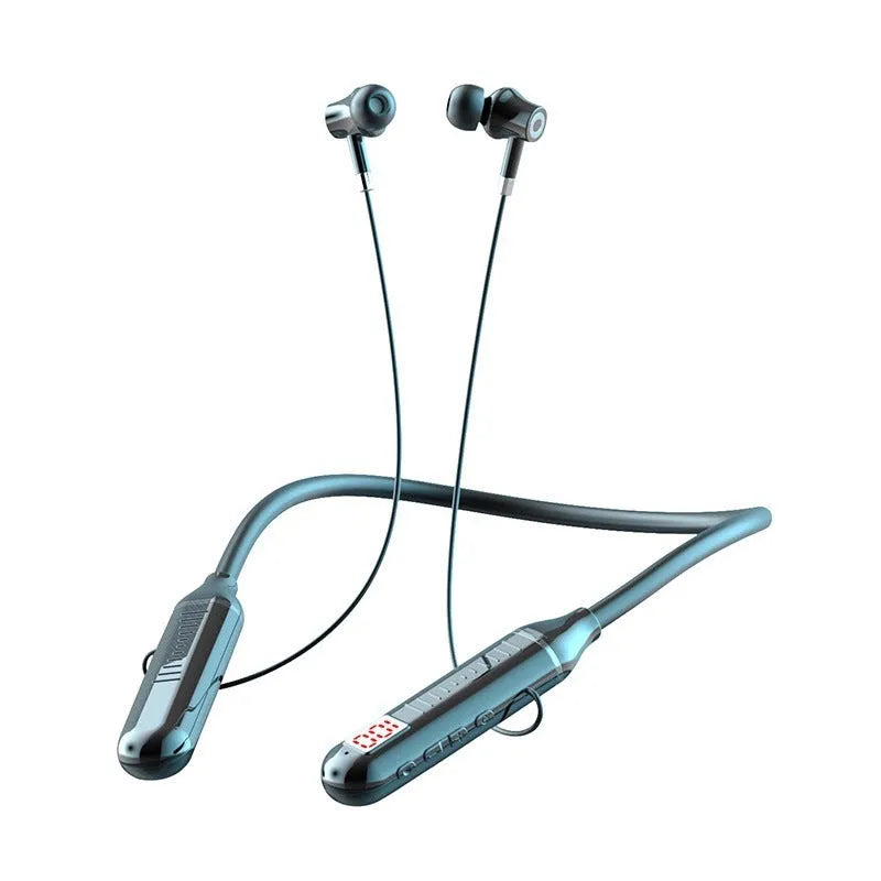Wireless Bluetooth sports headphones with neck-hanging design showing power display card and available in four colours
