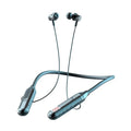 Wireless Bluetooth sports headphones with neck-hanging design showing power display card and available in four colours