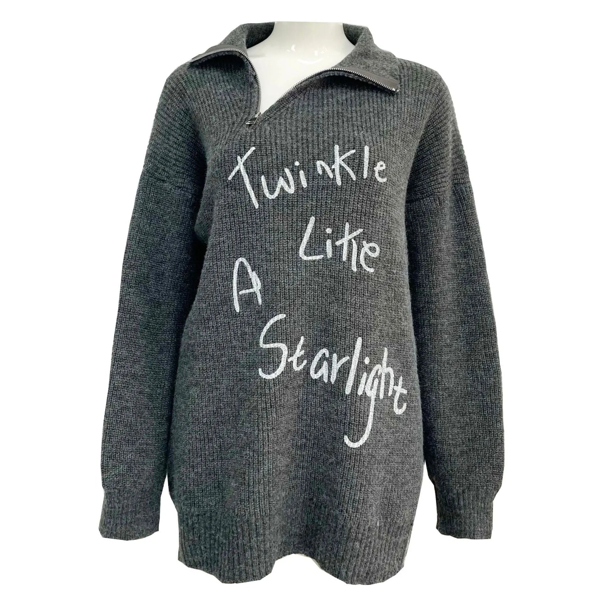 Women's loose lapel pullover sweater with asymmetric front zipper in alpaca wool fleece fabric