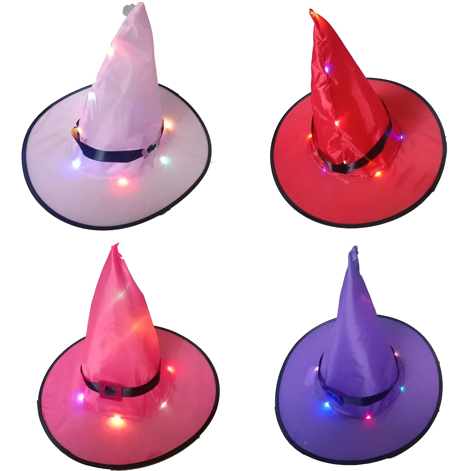 Halloween glowing witch hat with multicolour LED lights displayed on a dark background