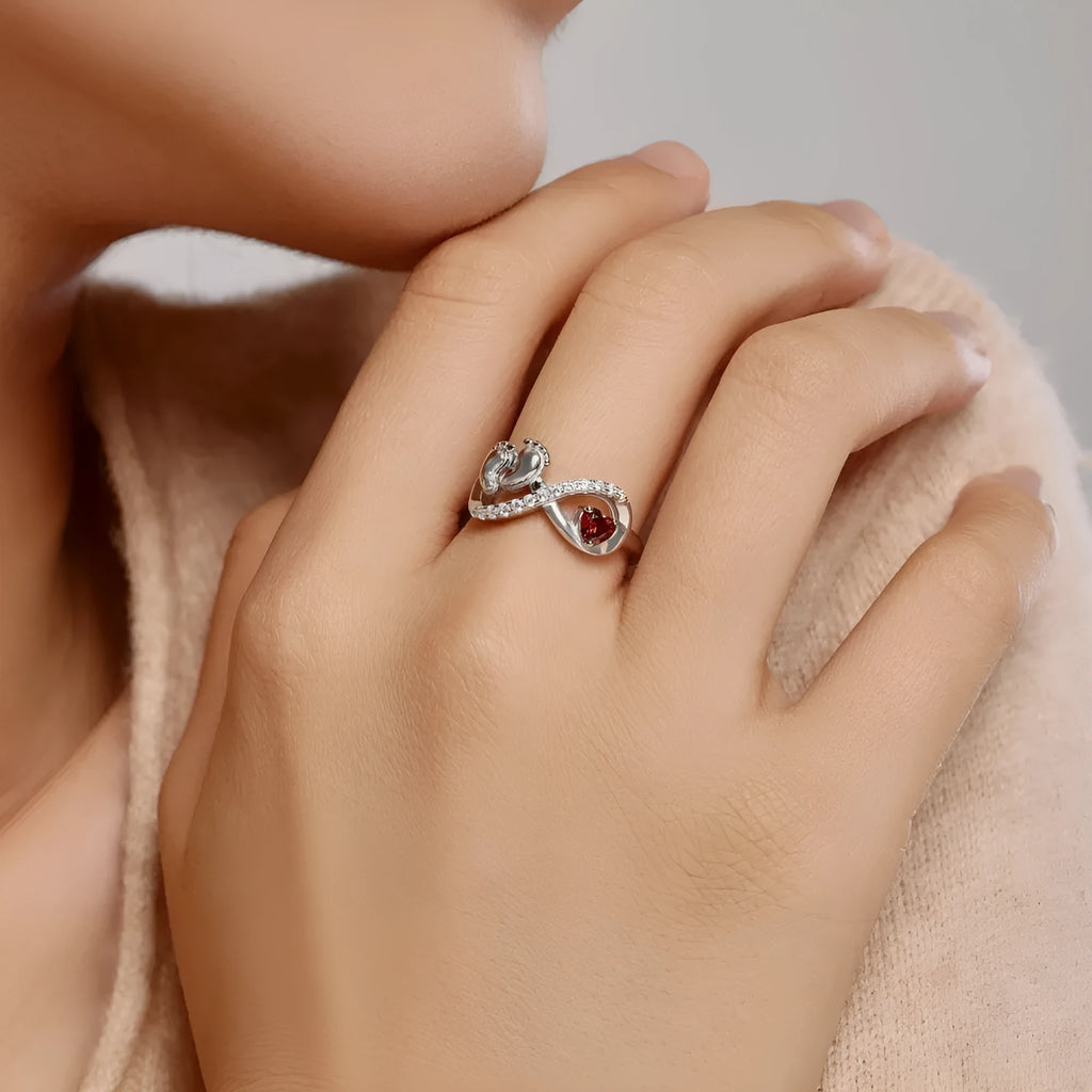 Silver rose red geometric ring with baby footprints design for women