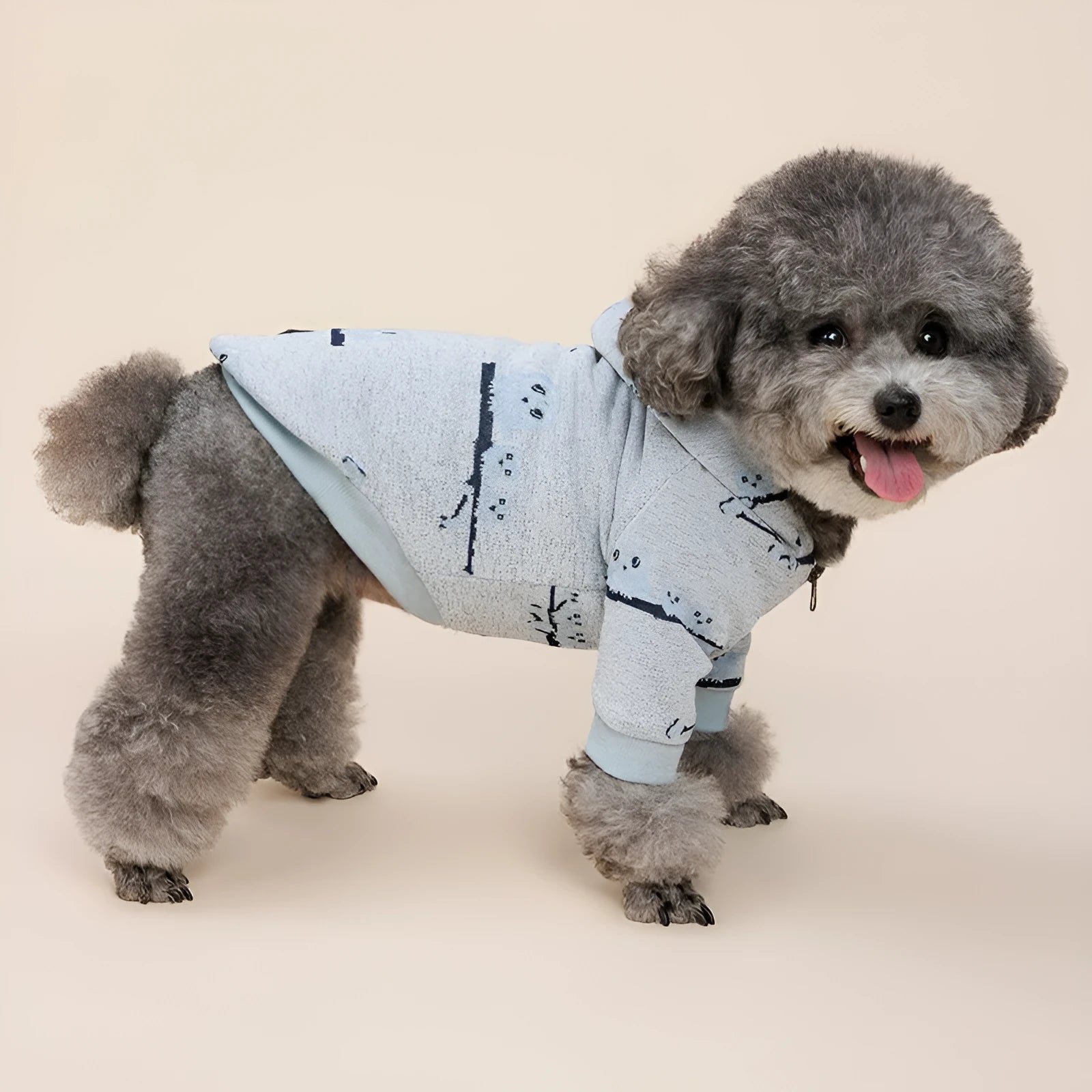 Blue dog sweater with a front zipper closure on a mannequin, showing casual cotton pet coat.