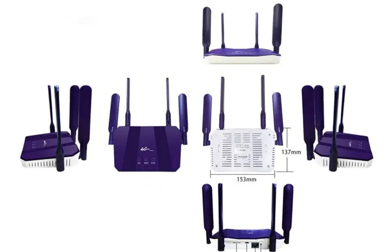 Blue 4G dual mode router with four extended antennas showing compact portable design