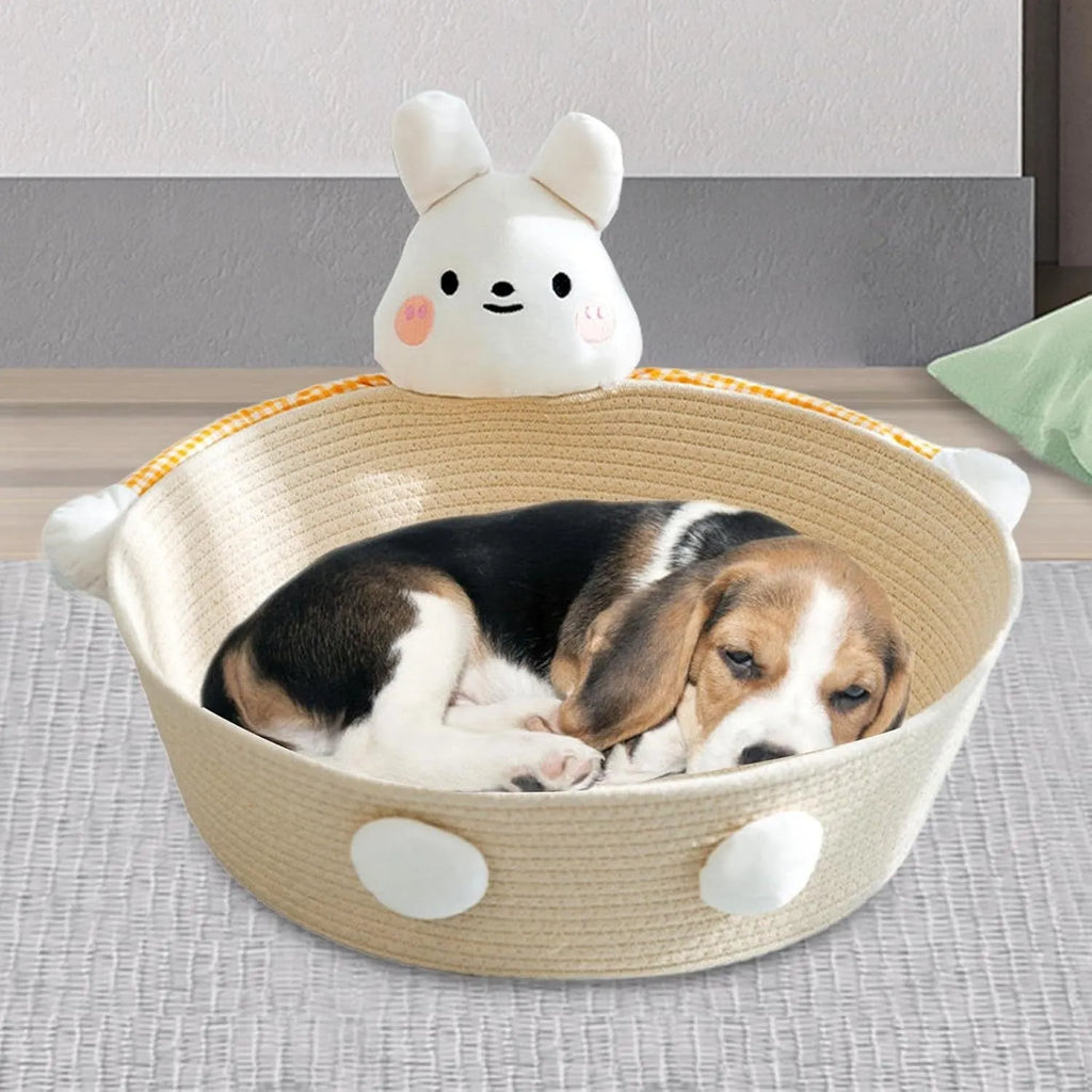 Woven cotton rope cat bed with integrated scratching surface in basket design
