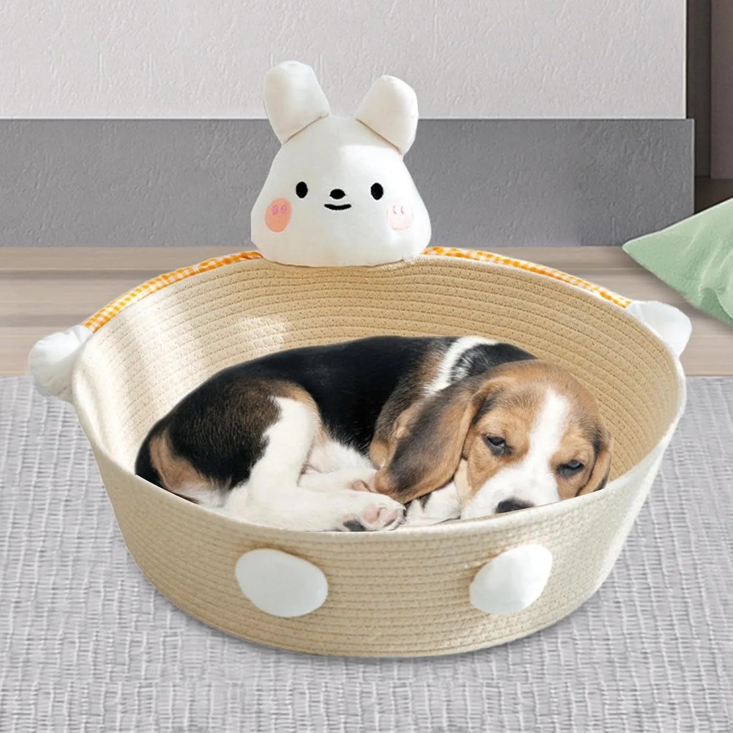 Woven cotton rope cat bed with integrated scratching surface in basket design