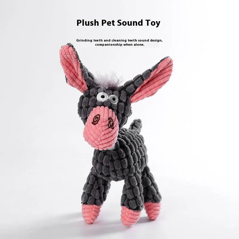 Bite-resistant plush puppy toy showing rechargeable duck and donkey styles in multiple colours for teething relief