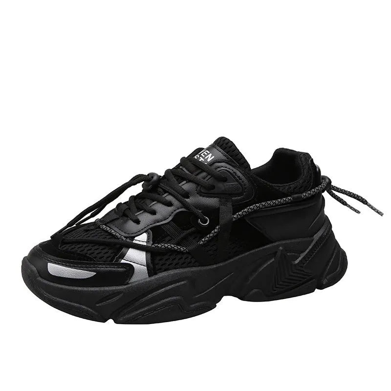 Men's Korean style white platform dad shoes with lace-up front and mesh lining.