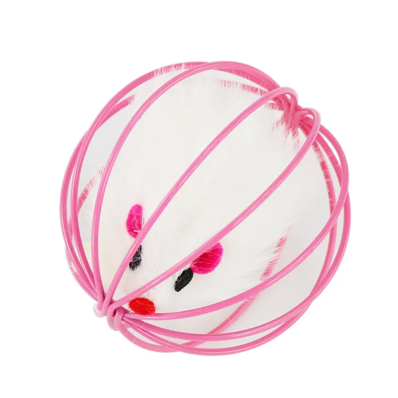 Soft plush cage mouse cat toy approximately 6cm diameter on light surface