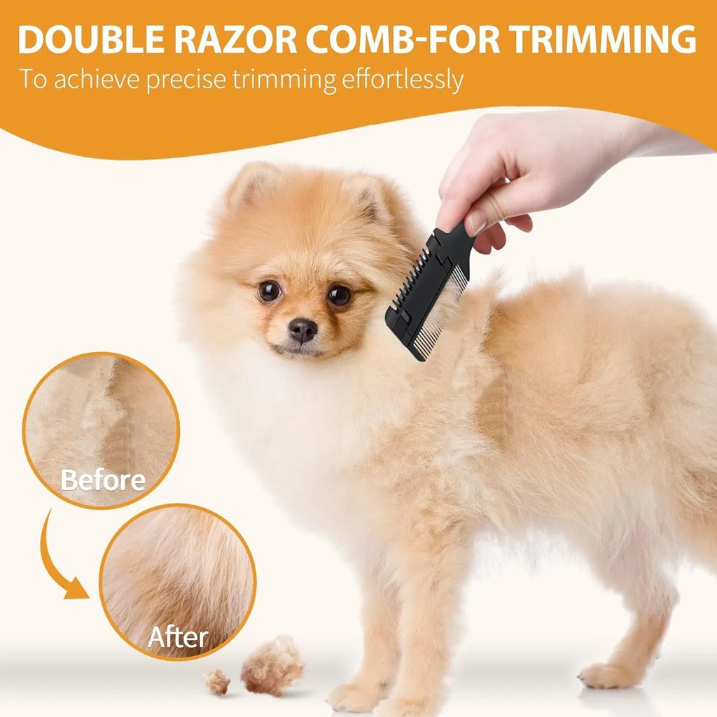 A 2-in-1 razor comb for grooming dogs and cats, shown with spare blades, on a neutral background.
