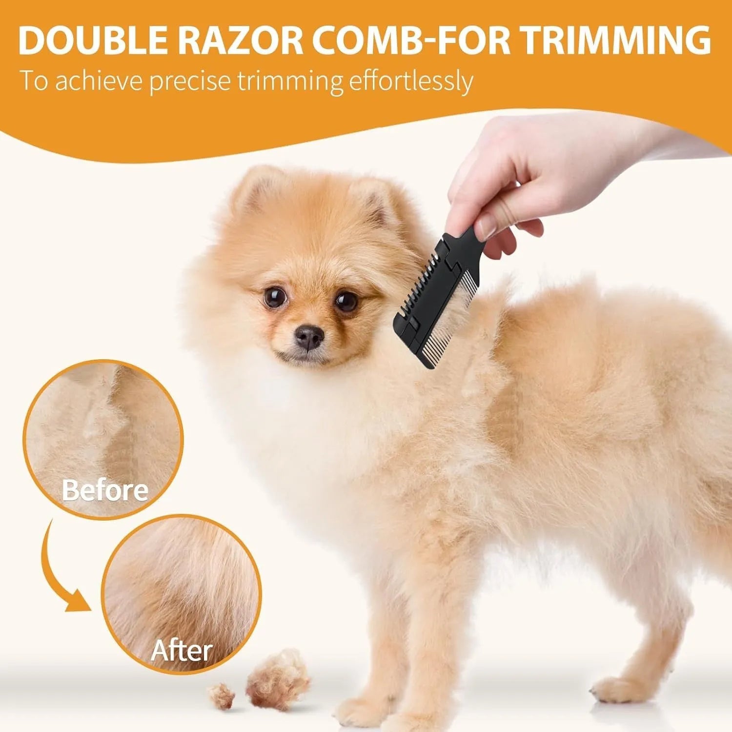 A 2-in-1 razor comb for grooming dogs and cats, shown with spare blades, on a neutral background.