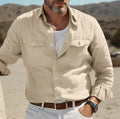 Men's long-sleeved cotton linen summer shirt in loose fit showing green colour option