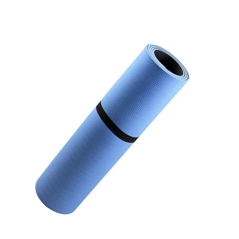 Blue conductive yoga mat with plant pattern and grounding wire, dimensions 182cm by 61cm.