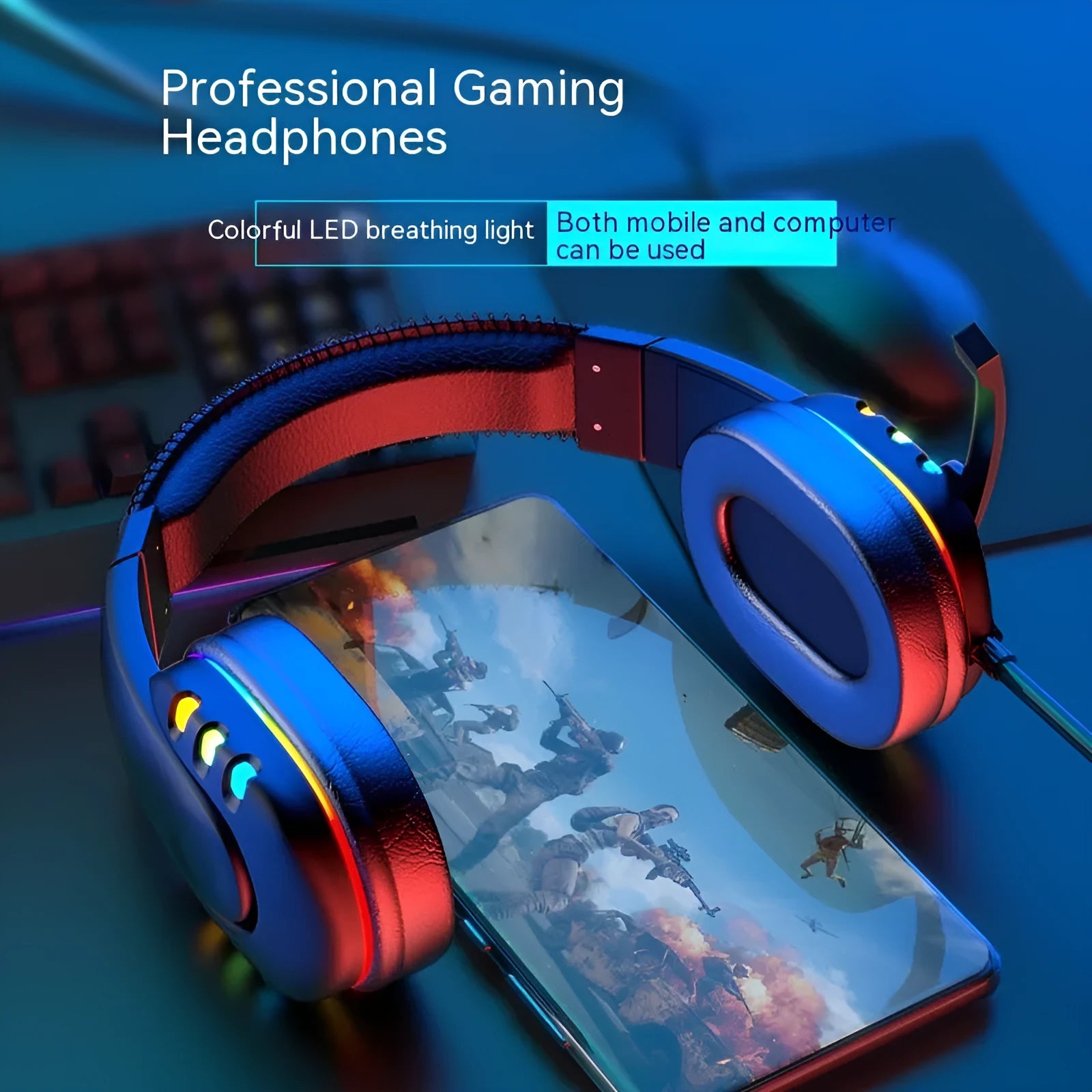 Gaming headset with LED breathing light, 40mm drivers, and omnidirectional microphone on a black surface
