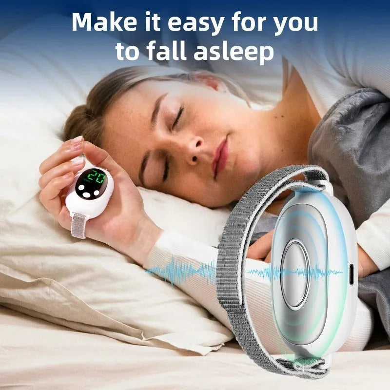 White sleep aid bracelet device with remote control and 20 intensity gears on a USB charging cable