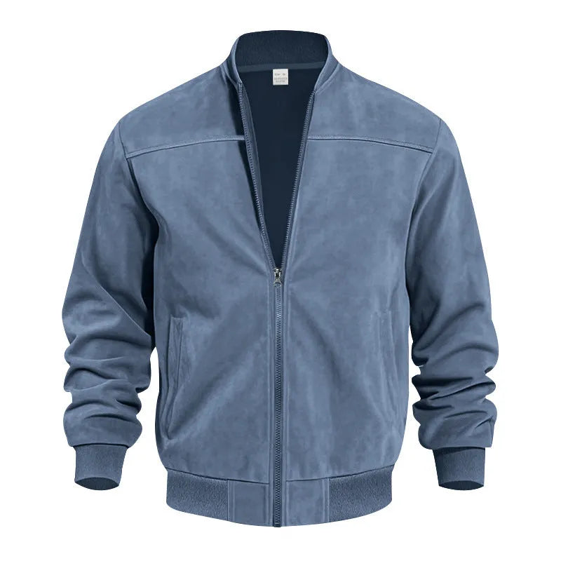 Men's plus size suede jacket with zip in army green colour showing front view.