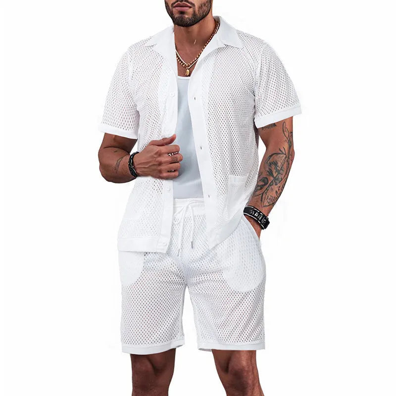 Beach Hawaii see-through cardigan and shorts suit in light grey for summer leisure wear