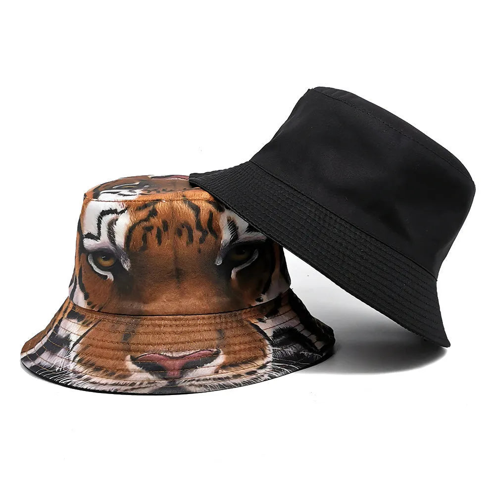 Khaki tiger print polyester bucket hat with dome crown shown at angle