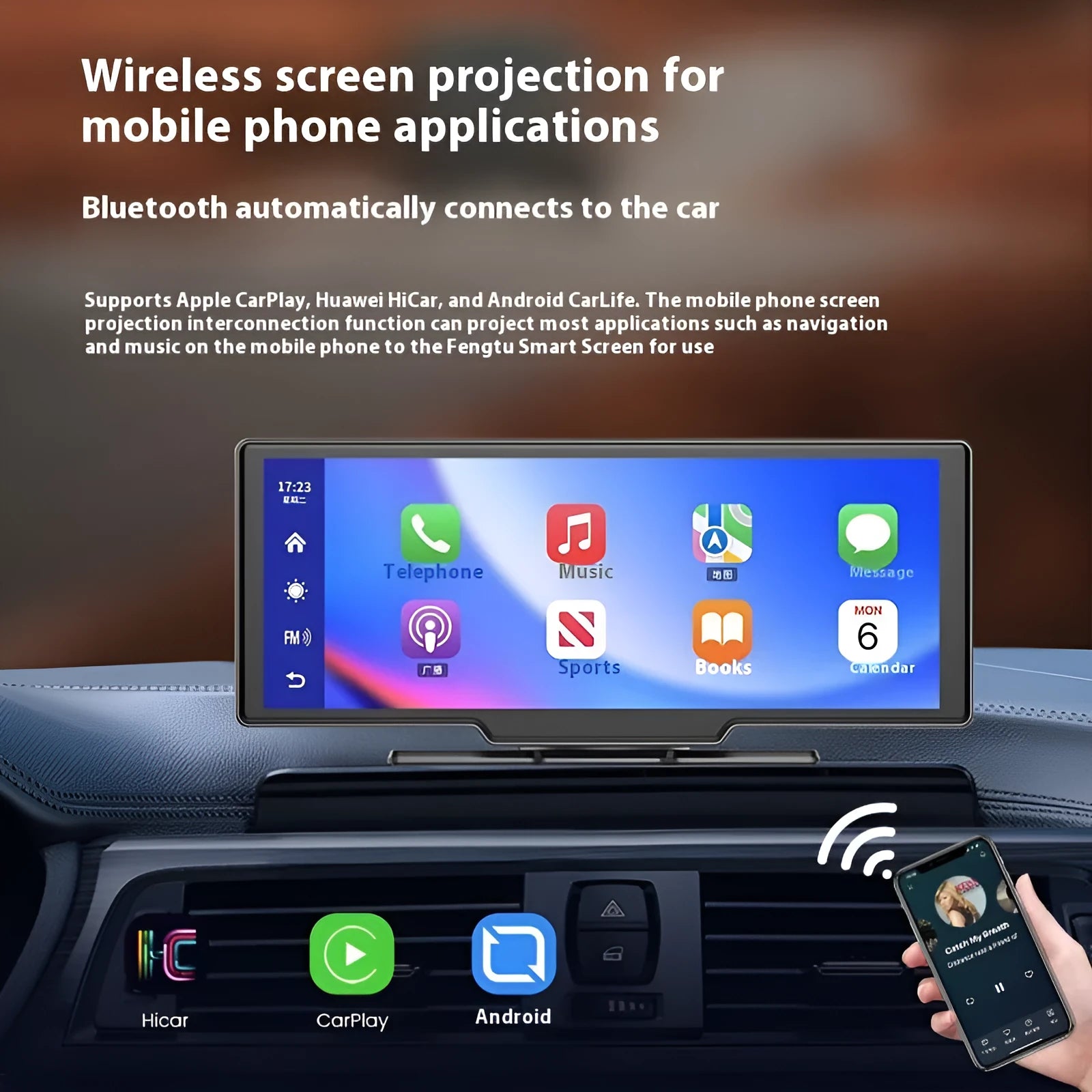 10-inch car smart screen with CarPlay, navigation, and driving recorder functions on touch display