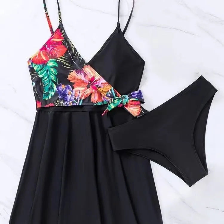 Black women's high waist printed bikini briefs on a plain background.