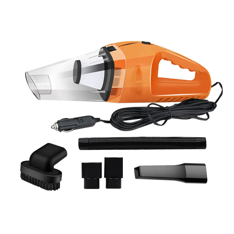 Orange handheld 12v car vacuum cleaner with nozzle attached on a car seat.