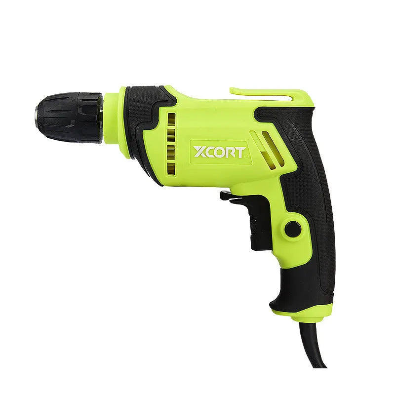 Pistol-grip electric power drill with a 10mm chuck, shown on a workbench.