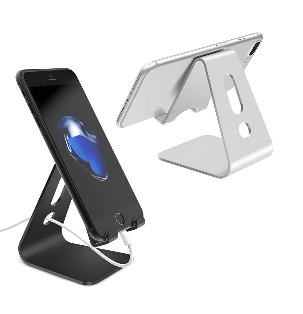 Aluminium alloy universal phone and tablet mount in silver colour on a wooden desk.