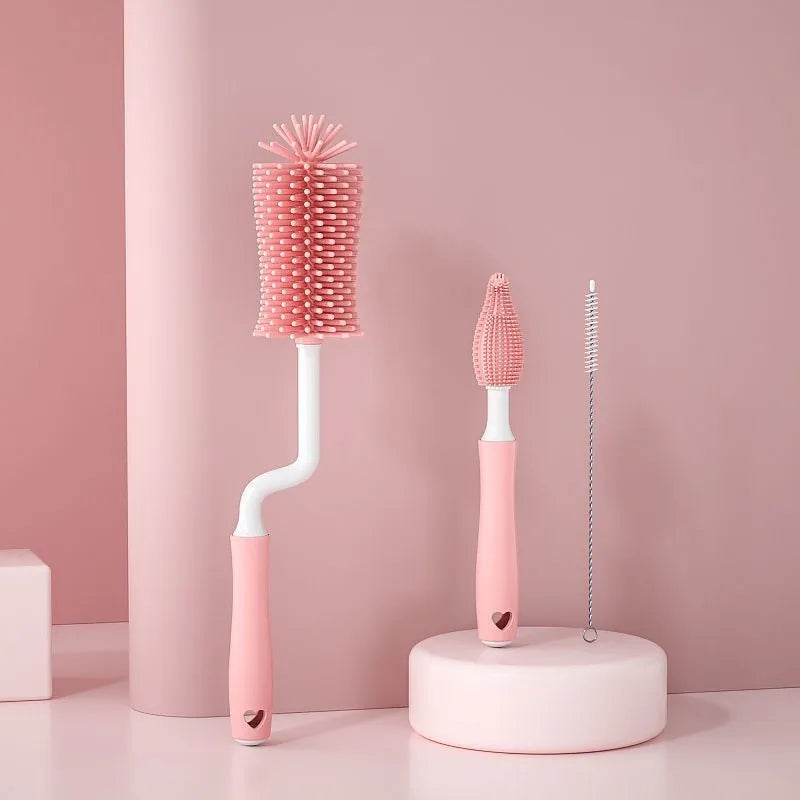 Silicone baby bottle cleaning brush set in pink, blue and yellow colours with different brush heads