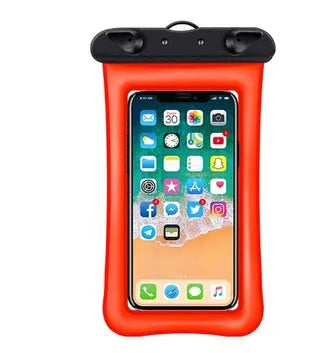 Orange waterproof phone pouch with double airbag design and a black neck rope.