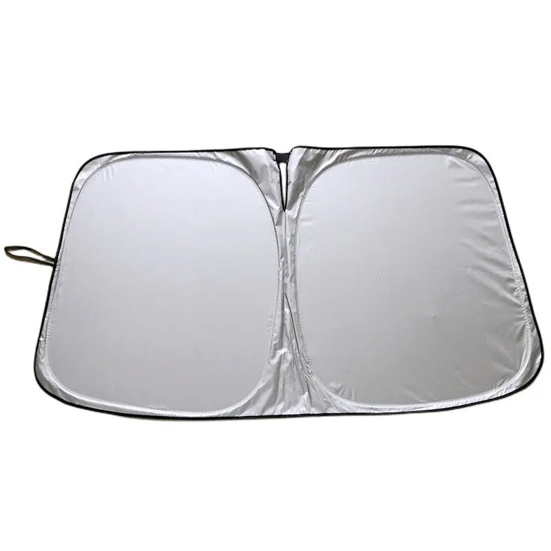 Universal fit aluminium foil car windscreen sunshade showing titanium silver reflective surface.