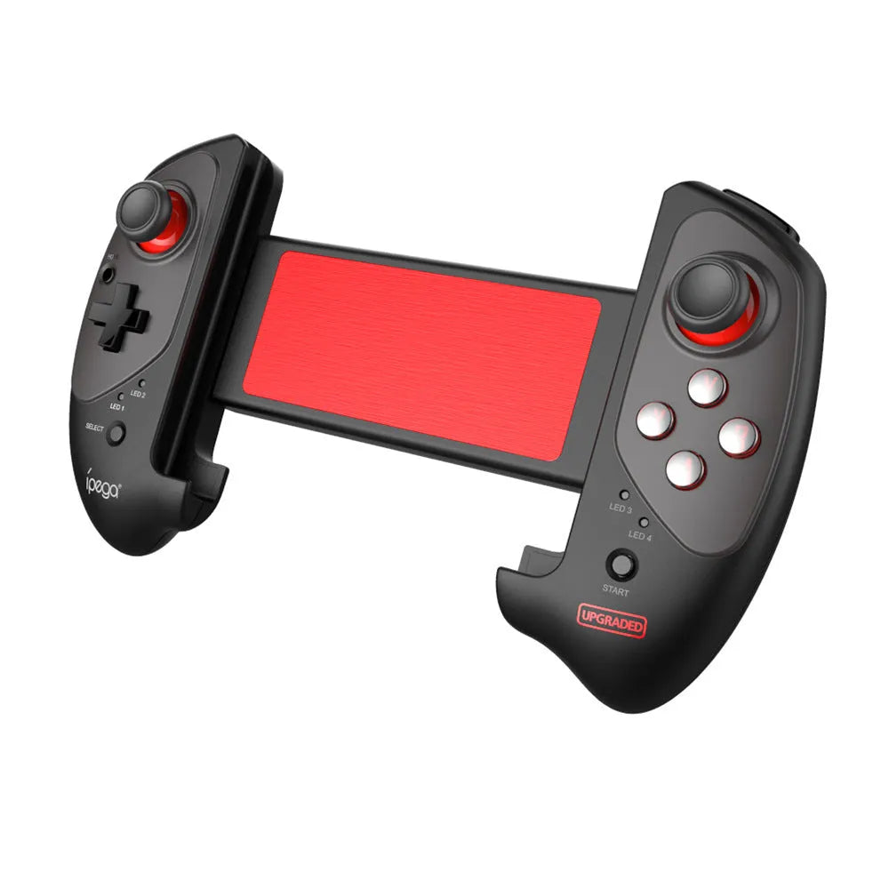 Red telescopic Bluetooth gamepad extended with phone inserted, showing USB cable