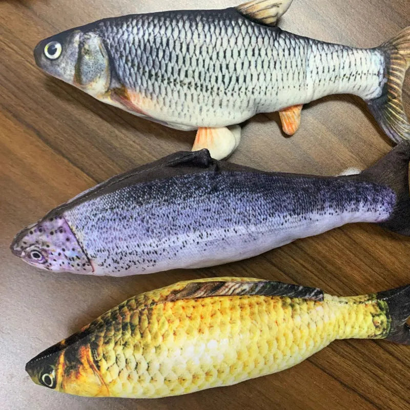 USB rechargeable electronic jumping fish cat toy in multicolour, 30cm long.