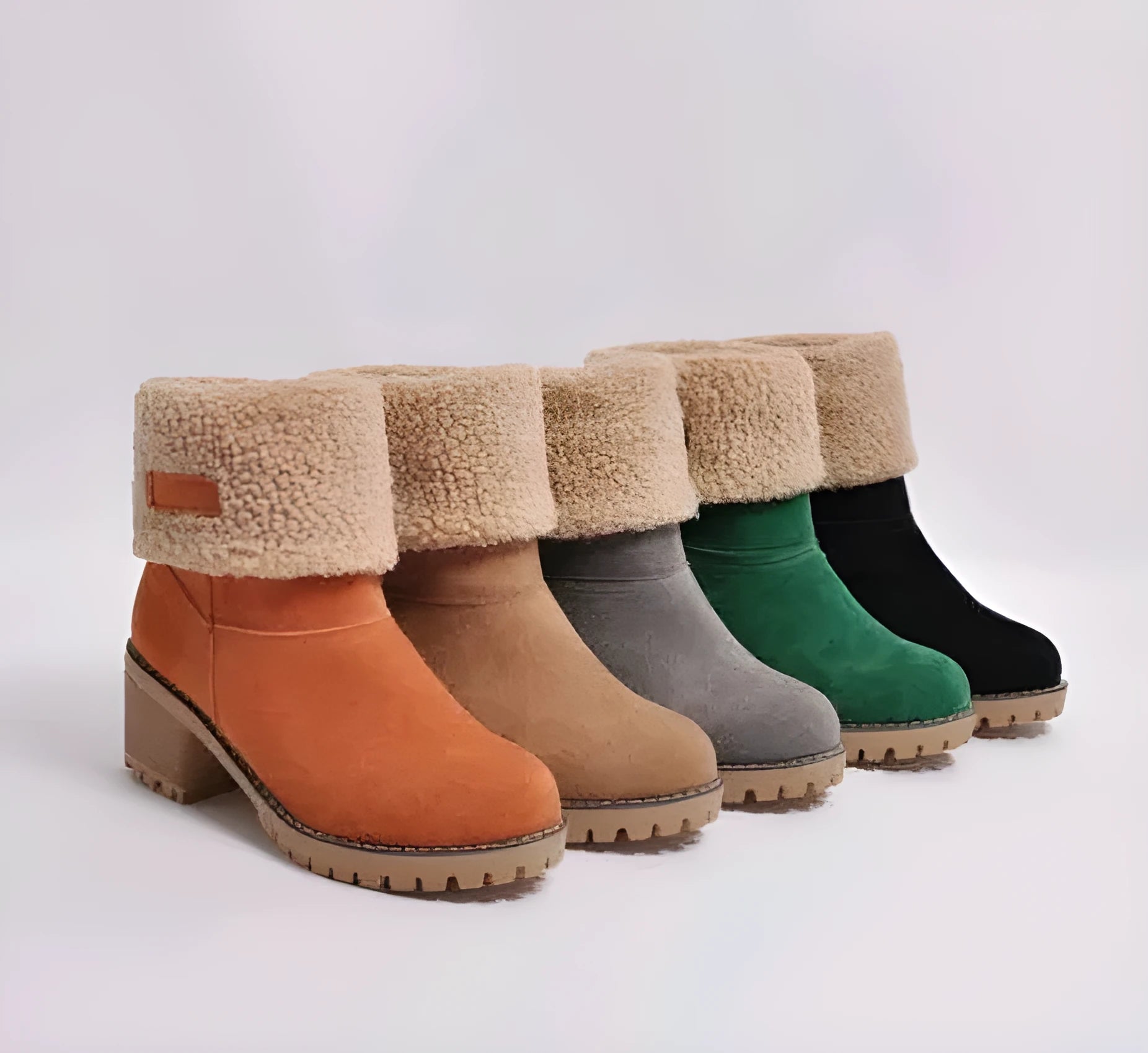 Women's suede mid-tube snow boots in various colours on a beef tendon sole with a waterproof platform.