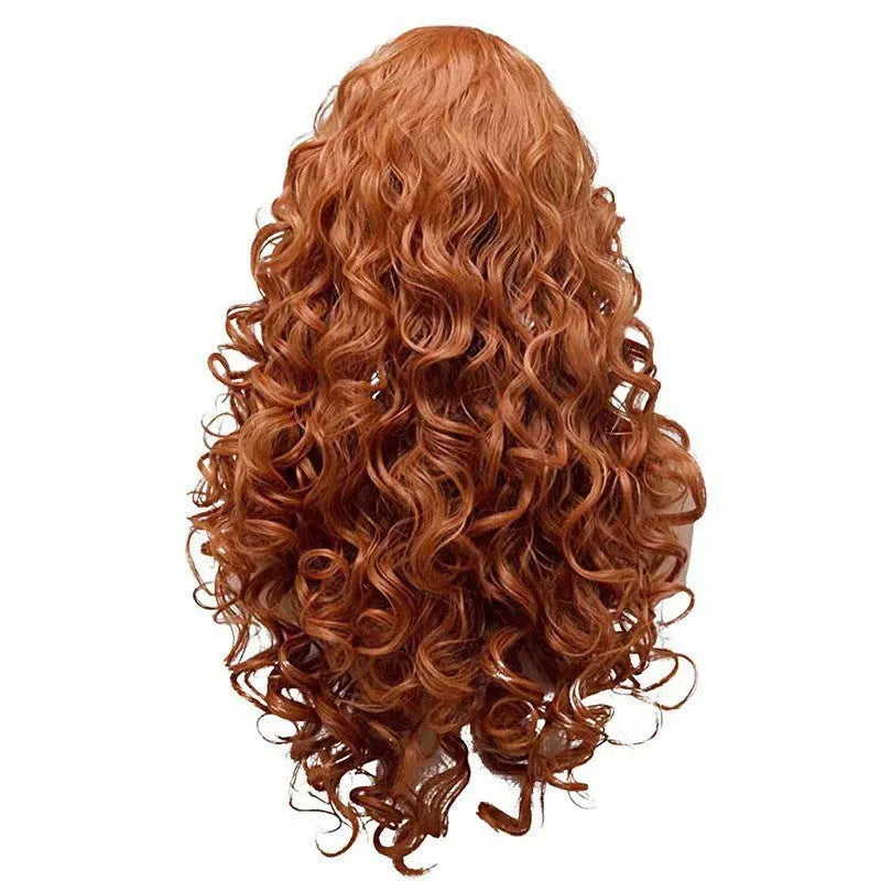 Brown long wavy curly costume wig with fluffy texture on a wig head