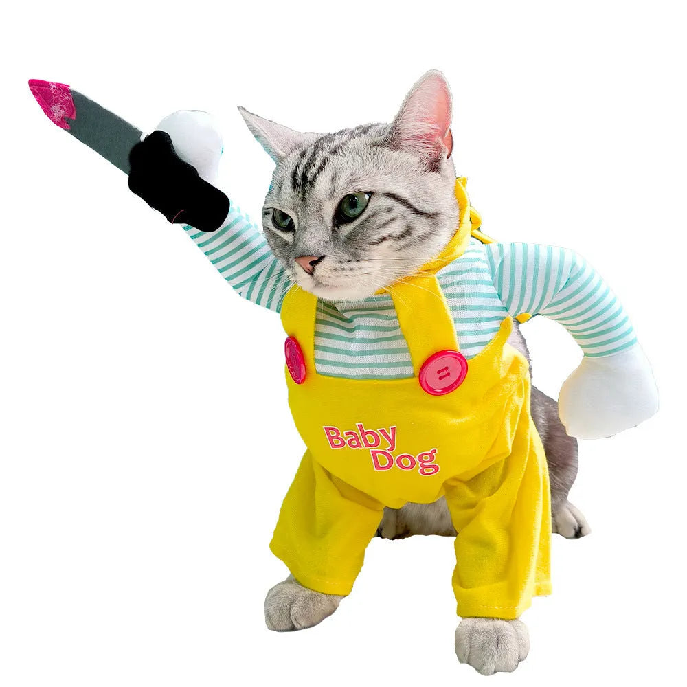 Yellow knife assassin themed cat clothing costume in B02405 colour available in S M L XL sizes