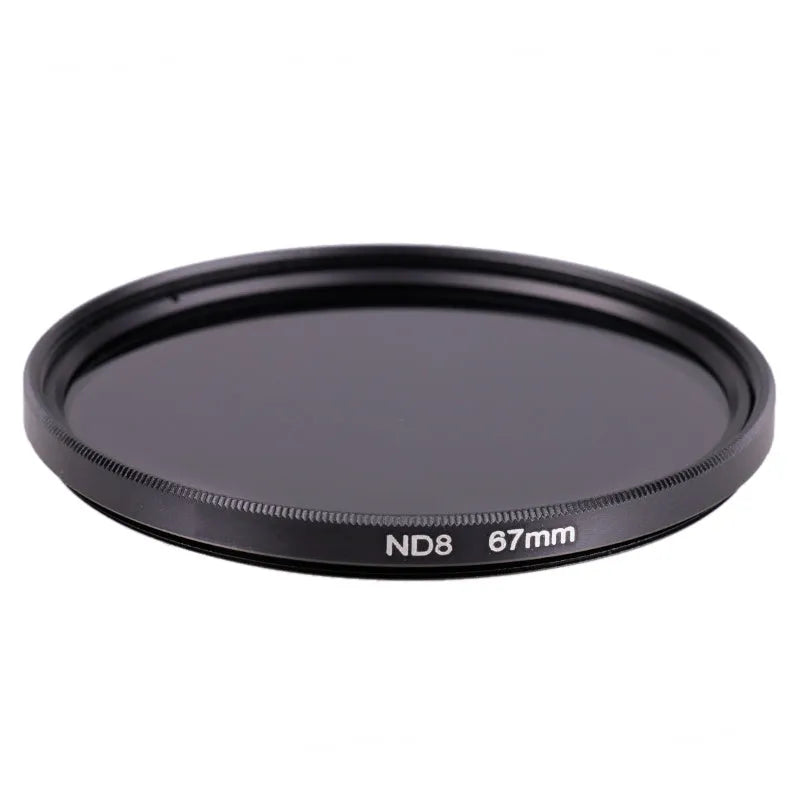 ND8 digital camera filter with aviation aluminium frame showing lens thread sizes from 49mm to 82mm.