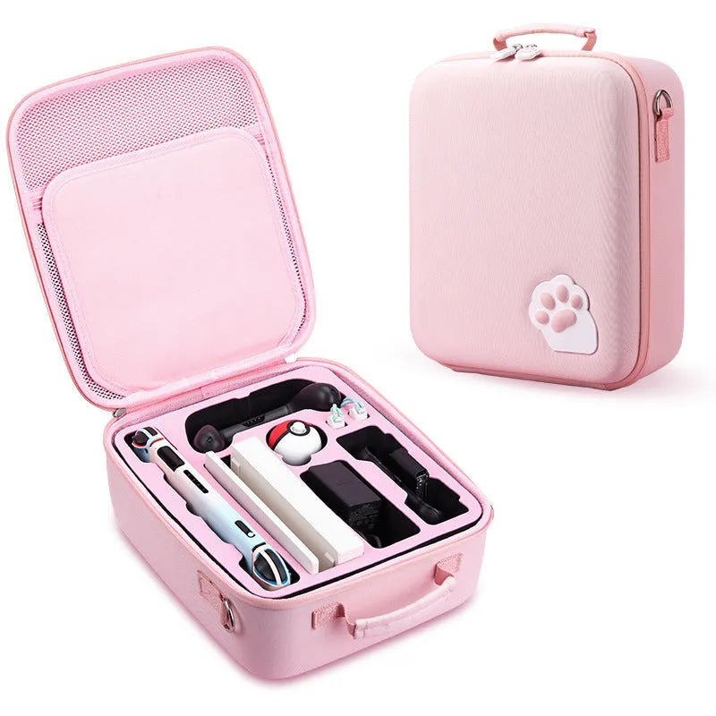 Nintendo Switch storage bag with cat claw design and shoulder strap holding game cartridges