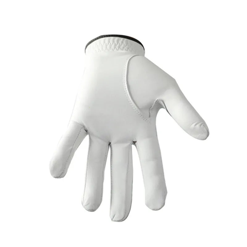 White half sheepskin men's golf gloves showing non-slip palm texture